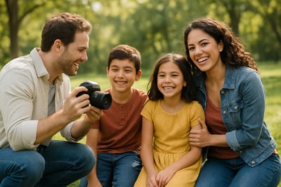 A happy family enjoying a photography session outdoors