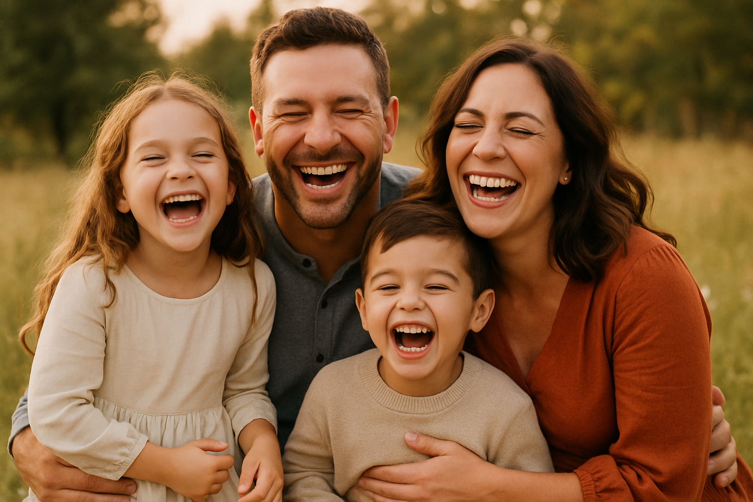 A joyful family laughing together during an outdoor photo session