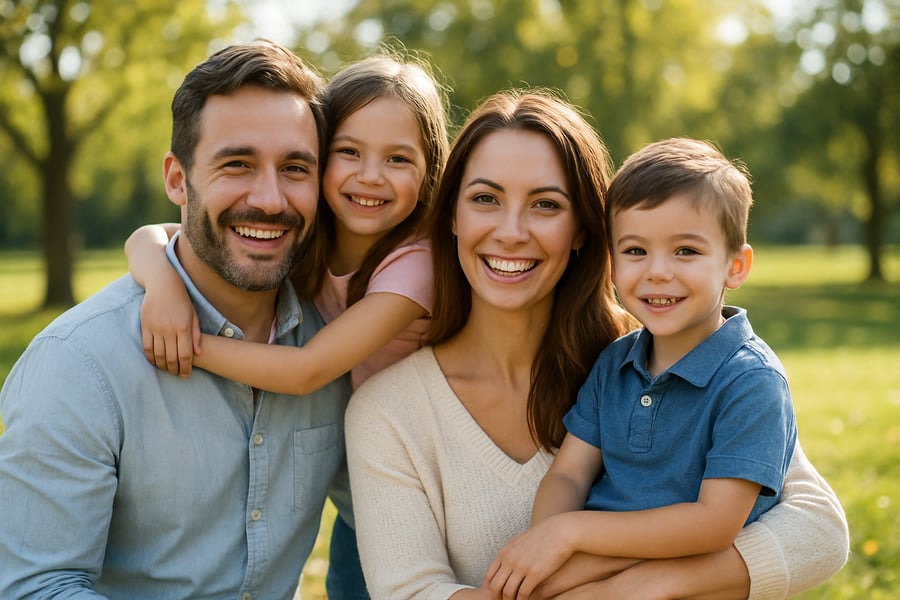 Happy family posing together for a professional photo outdoors