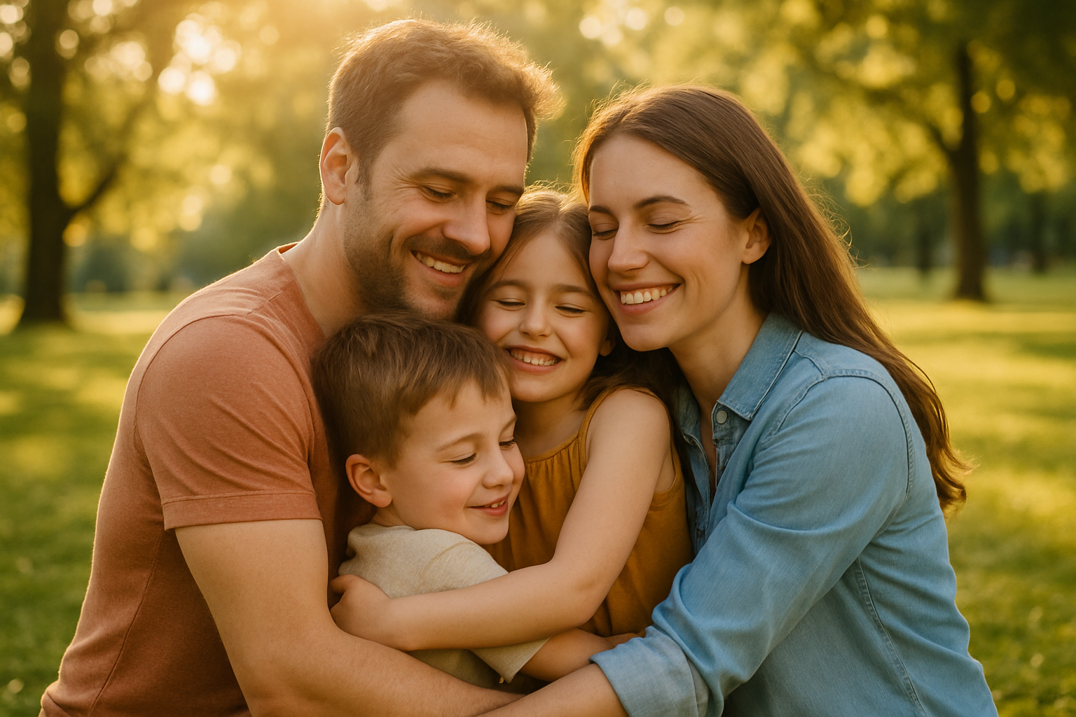 Parents and children embracing in a sunlit park