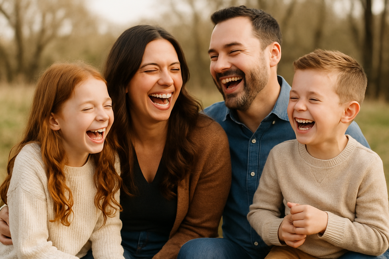A family laughing together during an outdoor photo shoot