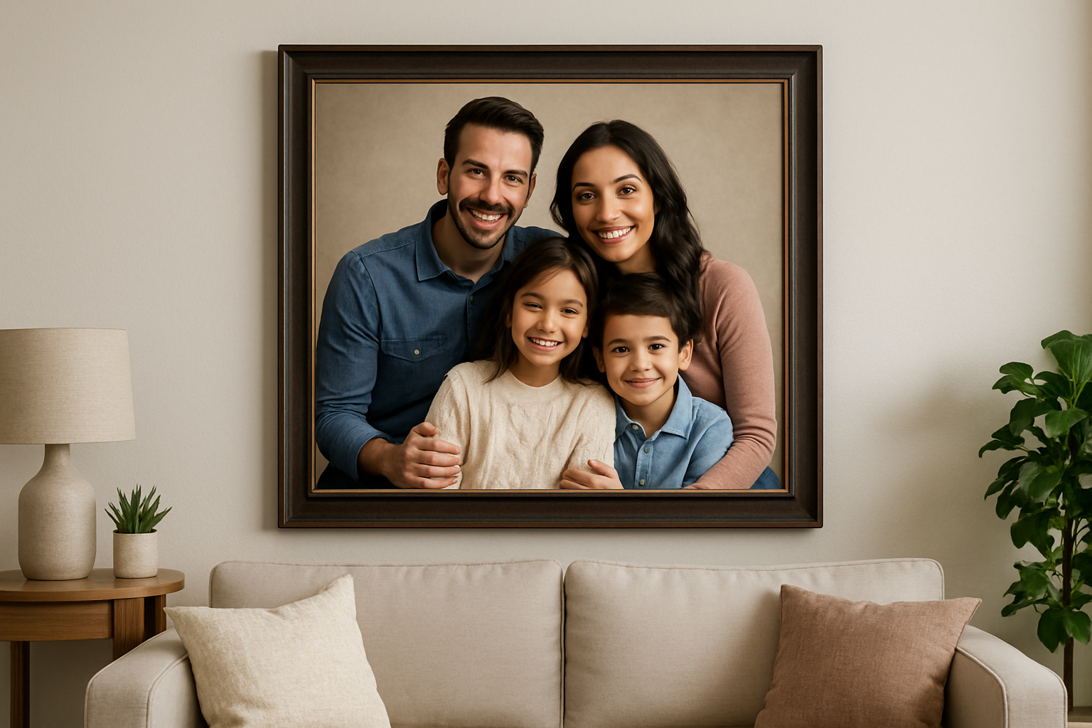 Beautifully framed family portrait displayed in a living room