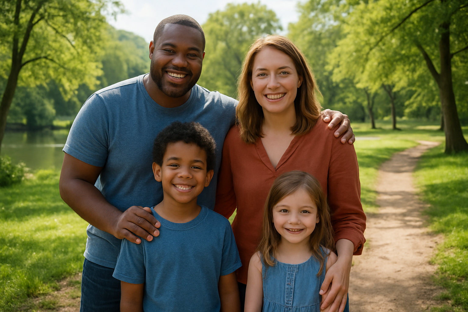 Parents and children posing together in a scenic park
